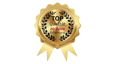 Darstellung des Fensterreiniger Mönchengladbach Qualitätssiegel mit dem Schriftzug "TOP Qualität - 20 Jahre Erfahrung"